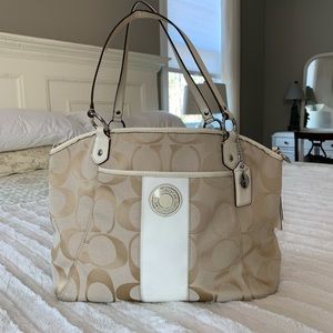 COACH SIGNATURE STRIPE POCKET TOTE TAN/GOLD/WHITE